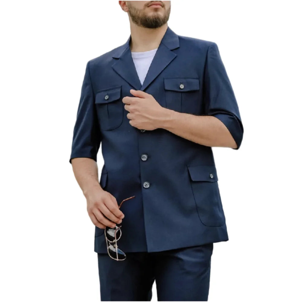 Navy Red Summer Casual Men's Suit 2 Piece Regular Fit Notch Lapel Jacket Pants Wedding Groom Prom Tailor Made Male Clothing Set