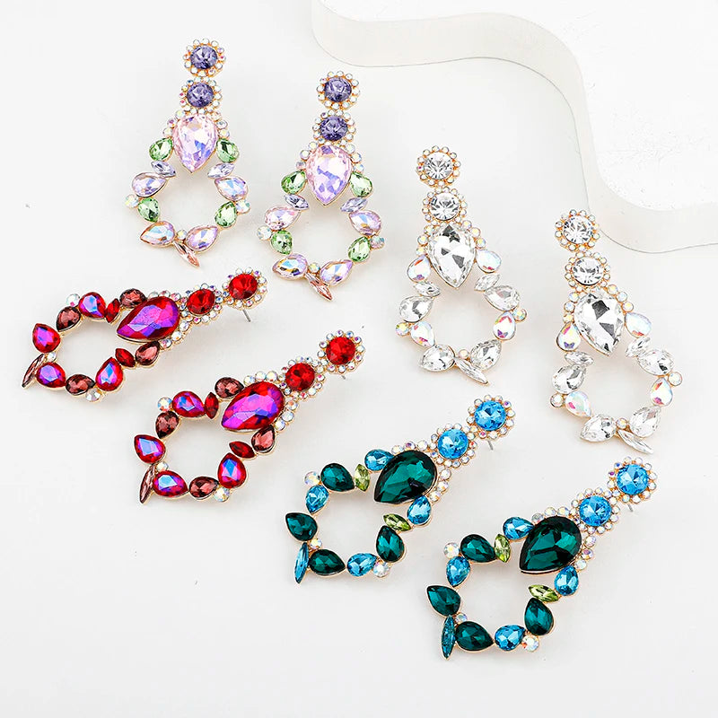 Ethnic Retro Colorful Crystal Stud Earrings Jewelry Crystal Rhinestone Geometric Dangle Earrings for Women