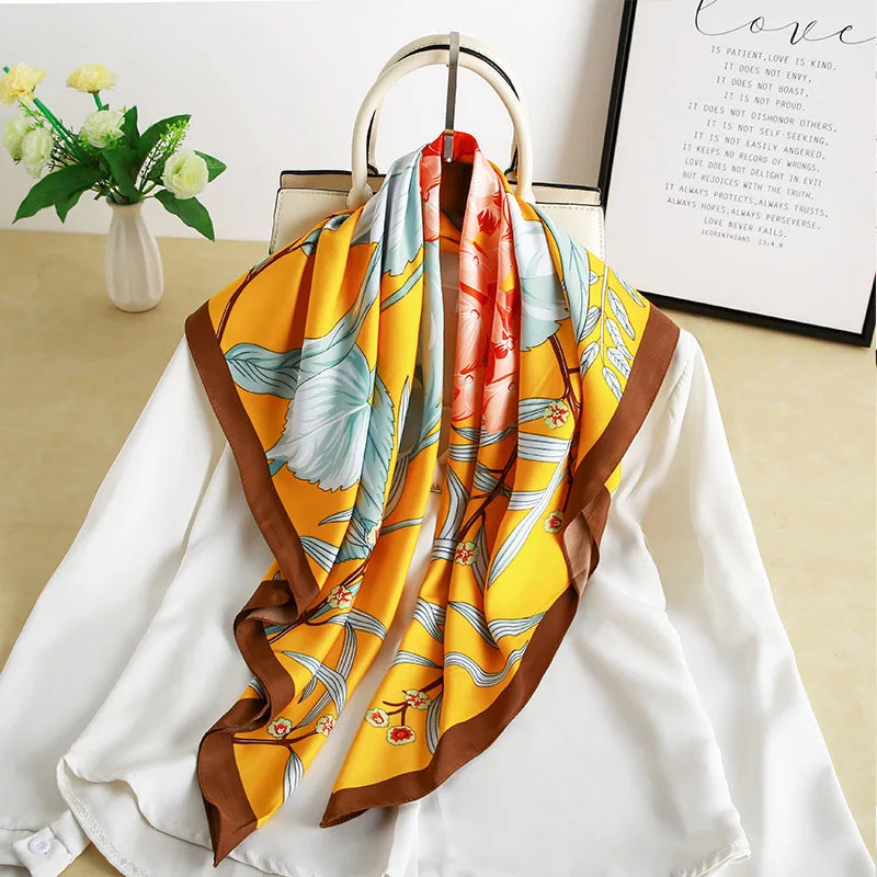Spring and Autumn Travel and Sunscreen Beach Silk Scarf square Elegant Temperament Floral Shawl