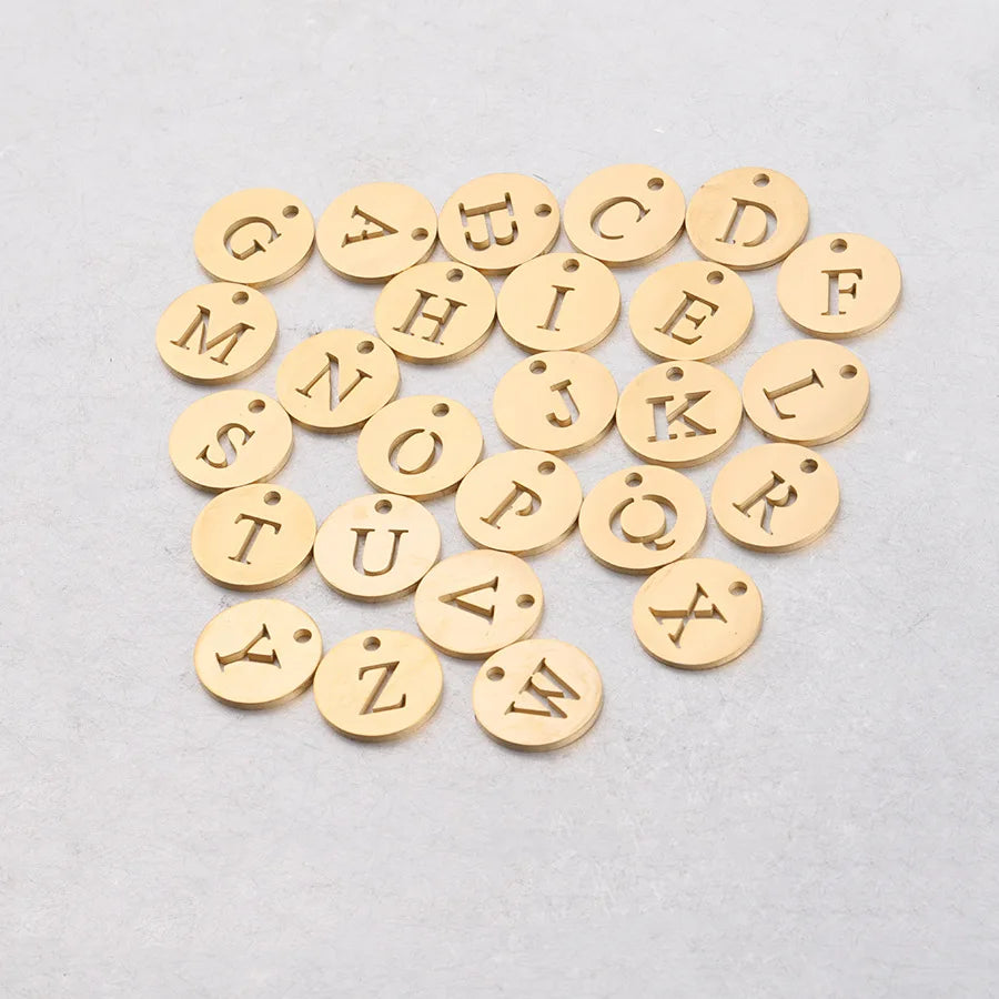 Customized Diy Charm Jewelry Accessories Mirror Stainless Steel 12mm Single Hole Round Hollow English Letter Small Pendant