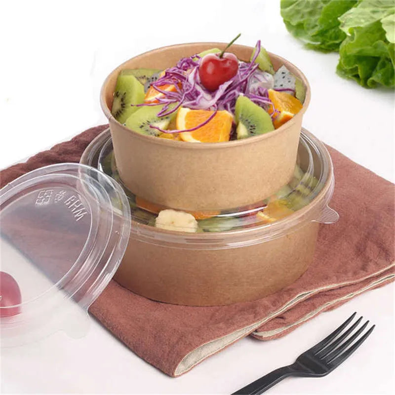 Customize Logo  Paper Disposable Salad Bowl 1000 ml Round Disposable Food Bowls With Lid