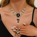 Luxury Black Crystal Flower Earring Necklace Jewelry Sets for Women Gold Color Rhinestone Water Drop Wedding Party Accessories