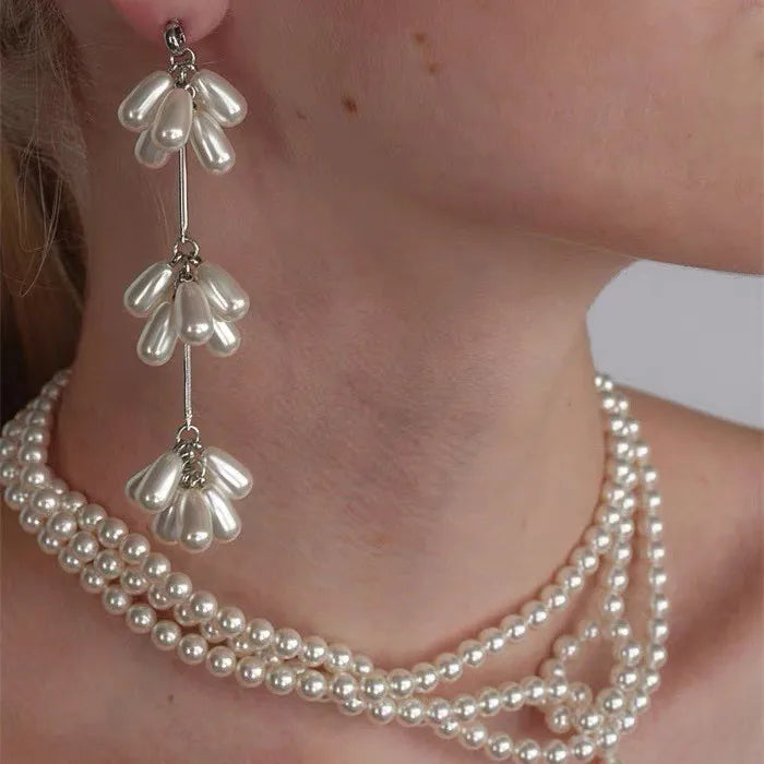2025 Korean Elegant Long Pearl Drop Flower Layered Pearls Tassel Dangle Earrings Necklace Vintage Wedding Jewelry for Women Girl