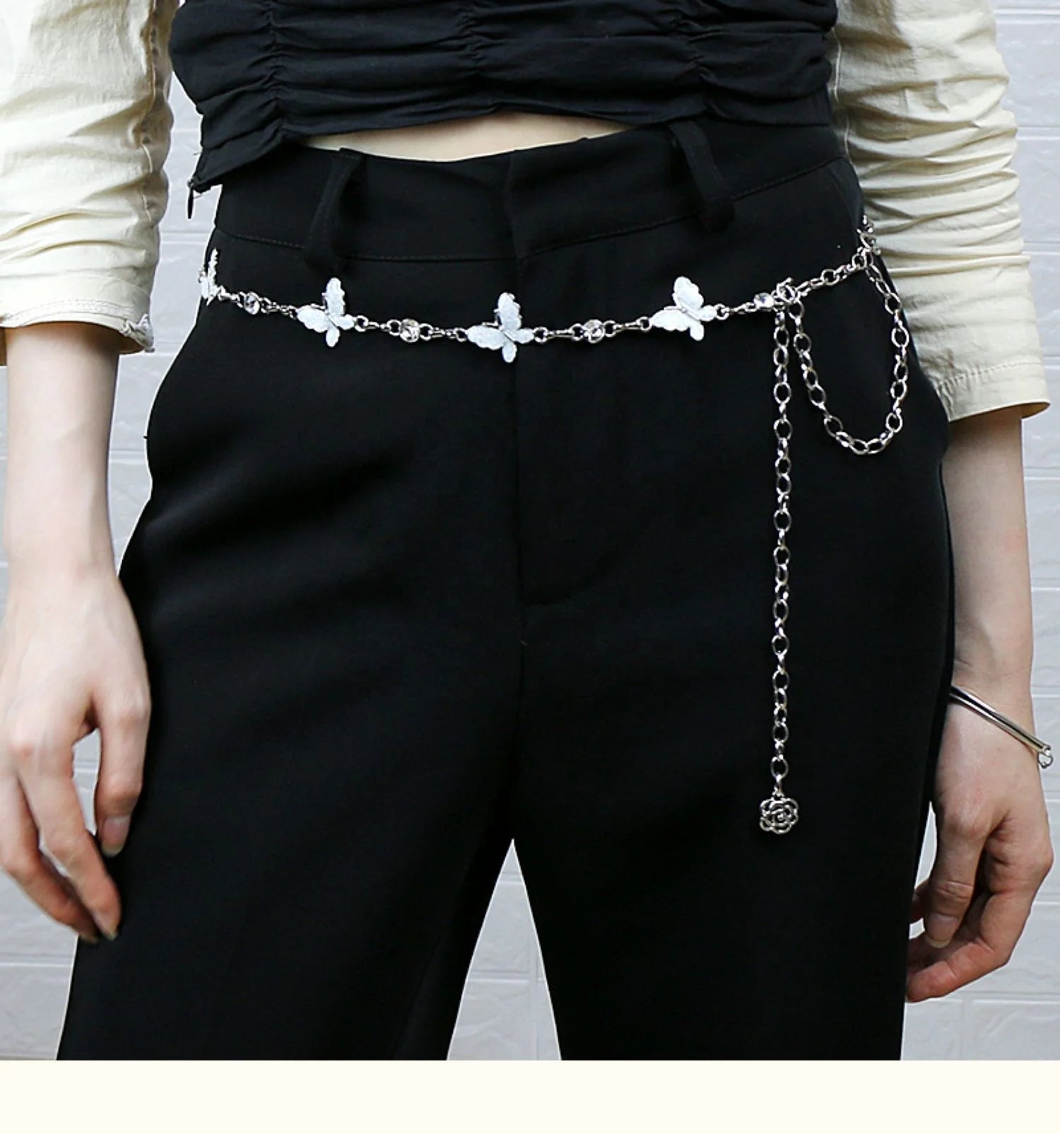 Women's Fashion Trend Silver & Black Butterfly Diamond Alloy Buckle Waist Chain Metal Belts