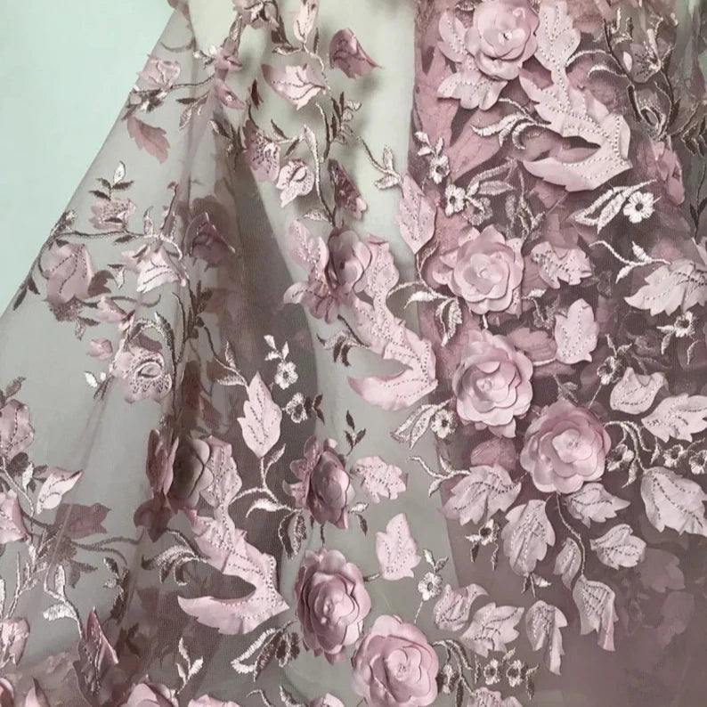 Rose Pink 3D Floral Applique Designer Lace Fabric