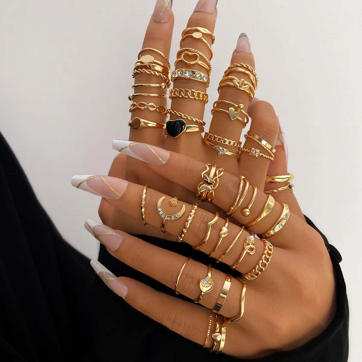 VKME New 49pcs/set Bohemia Drop Oil Black Heart Geometric Butterfly Crystal Gold Finger Rings Set for Women Jewelry Set