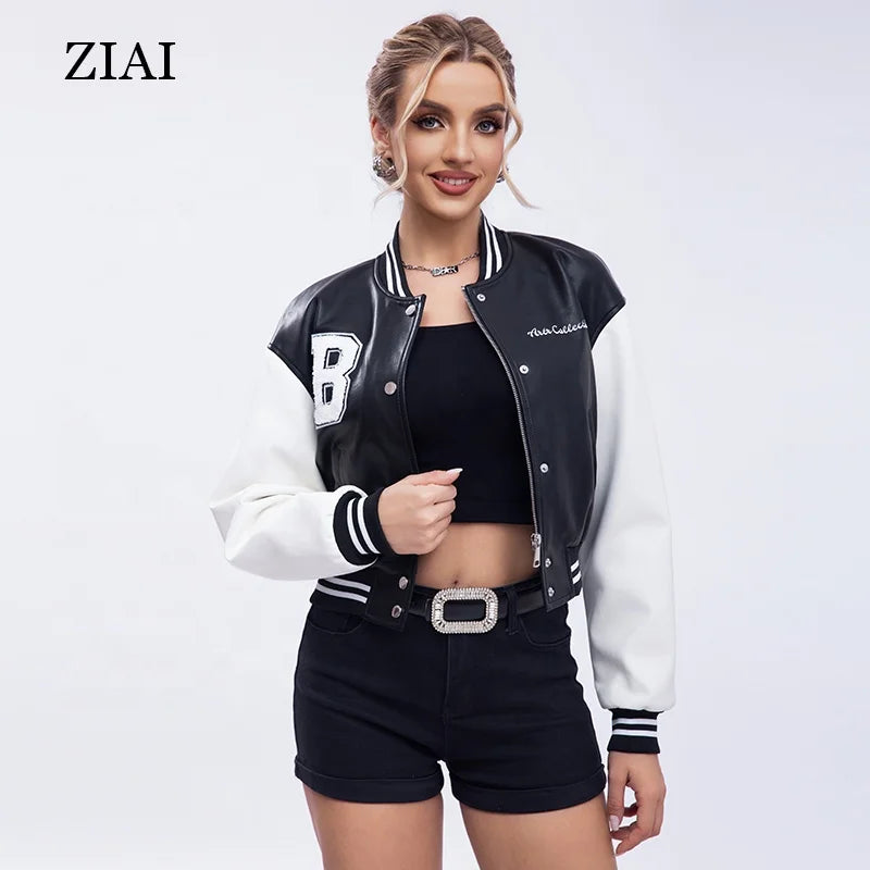 Customized logo Winter Clothes for Women Thread Leather Sleeves Baseball Jacket Top
