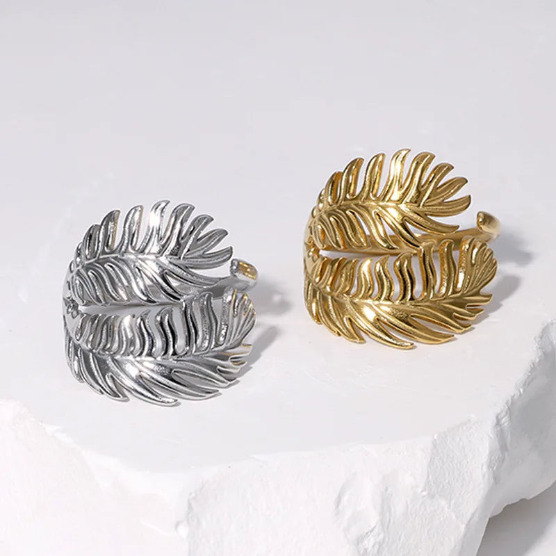 Beimai OEM Ring Manufacturer Wholesale Leaf Shaped Design Gold Stainless Steel Open Ring