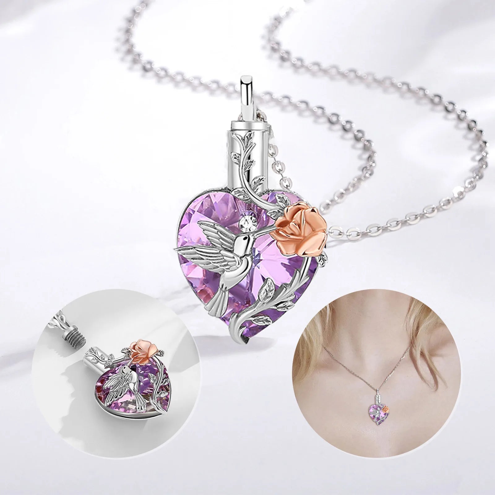 Merryshine S925 Sterling Silver Custom Hummingbird Pet Memorial Crystal Stone Cremation Jewelry for Women
