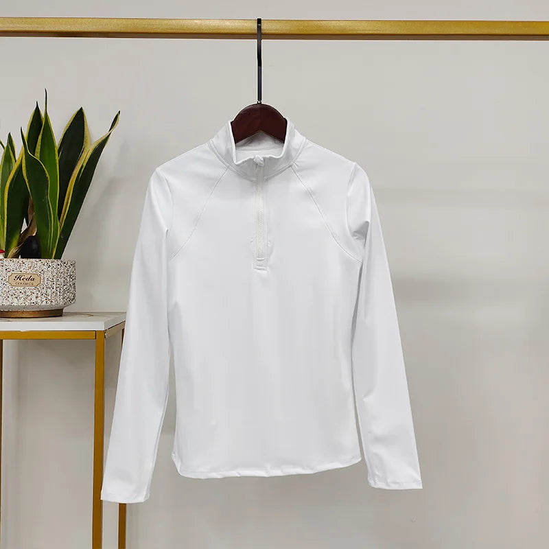 White Women Horse Riding Long Sleeved Shirt Zipper Quick Drying Equestrian Base Layer Wholesale Equestrian Clothing