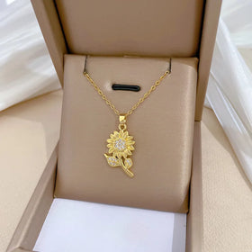 Collar De Acero Inoxidable Gold Plated Stainless Steel Necklace Cubic Zircon Sunflower Pendant Necklace for Women