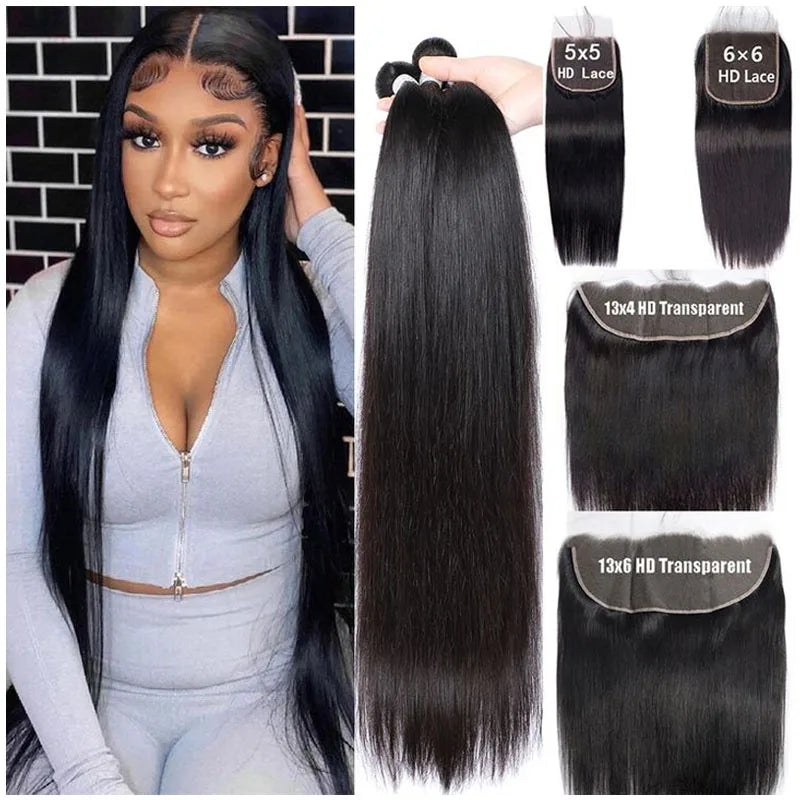 Wholesale 200% Density Remy Human Hair Raw Brazilian Bone Straight Closure With HD Transparent Lace Can Be Dyed and Permed