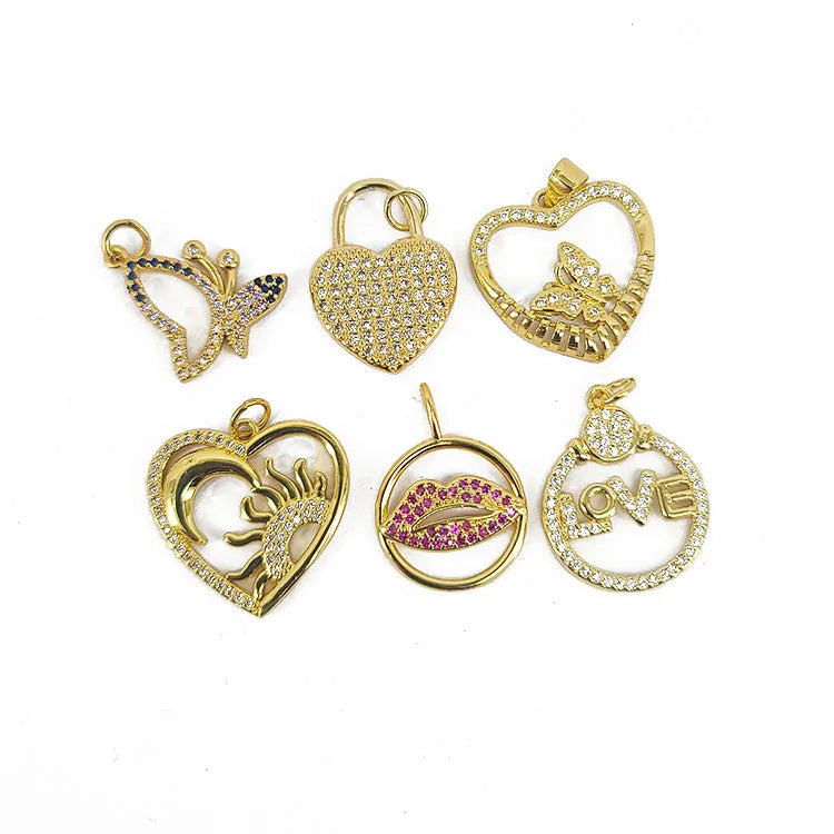 CZ8492 Dainty CZ Micro Pave Jewelry Charms 18k Gold CZ Paved Lock Butterfly Heart Lip Charm Pendants