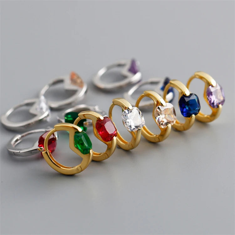 Fashion Trendy 925 Sterling Silver 18k Gold Plated Square Shape Colored Zircons Simple Hoop Earrings for Women