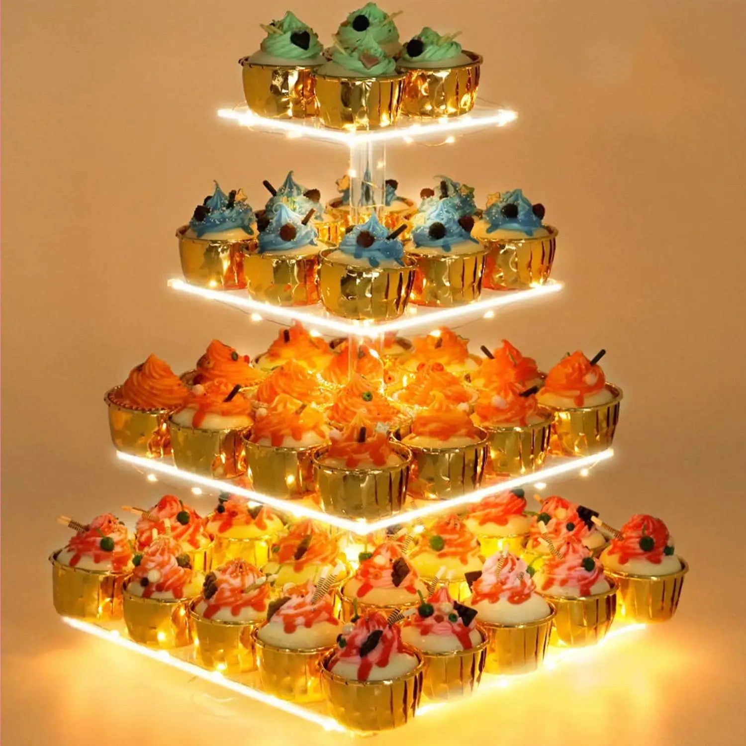 Factory Wholesale 4 Tier LED Light Cupcake Cake Decorating Supplies Acrylic Tower Display Birthday Father's Day Valentine's Day