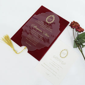 Custom Acrylic Wedding Invitation Cards Gold Foiling Printing Invitations with Red Velvet Pocket and Envelope