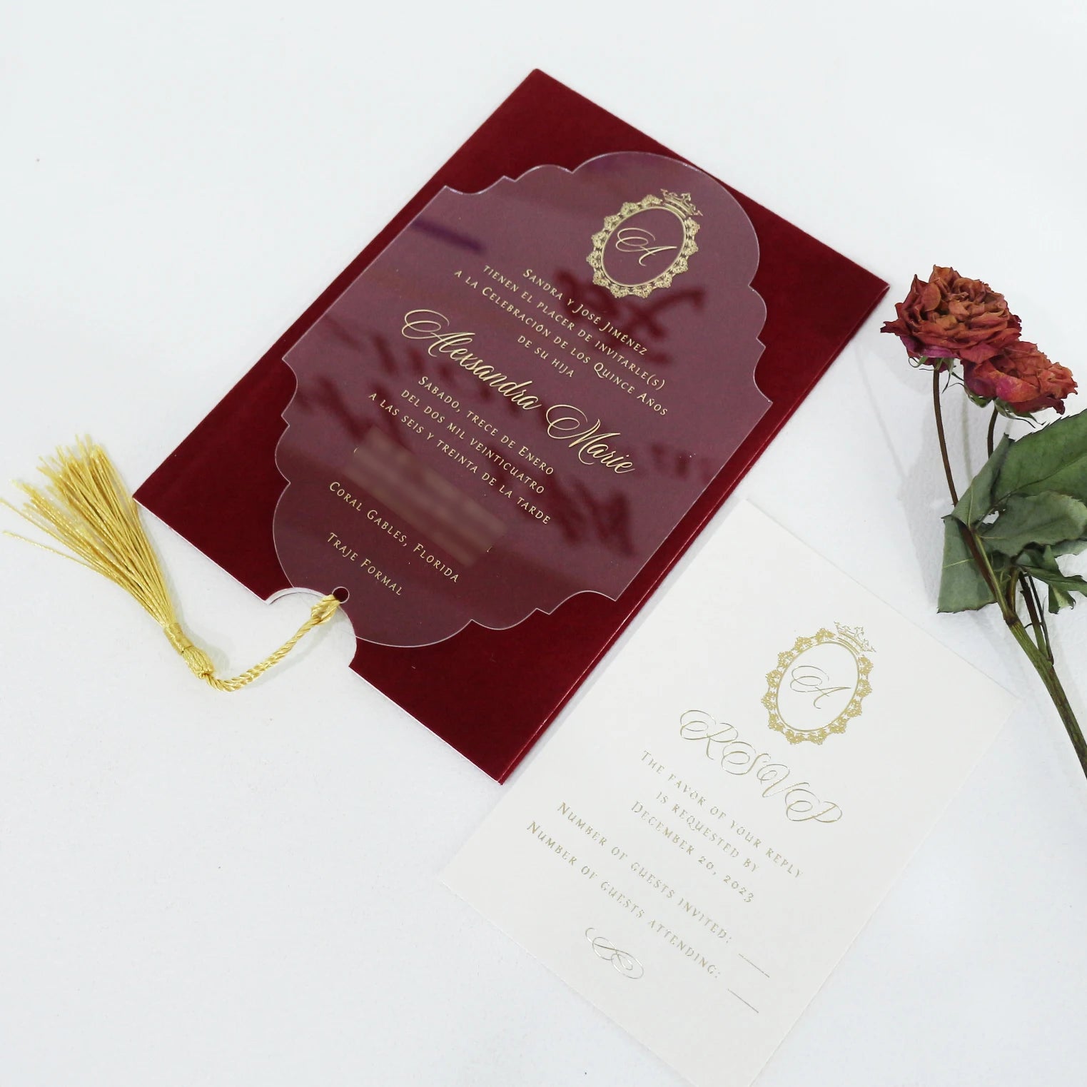 Custom Acrylic Wedding Invitation Cards Gold Foiling Printing Invitations with Red Velvet Pocket and Envelope