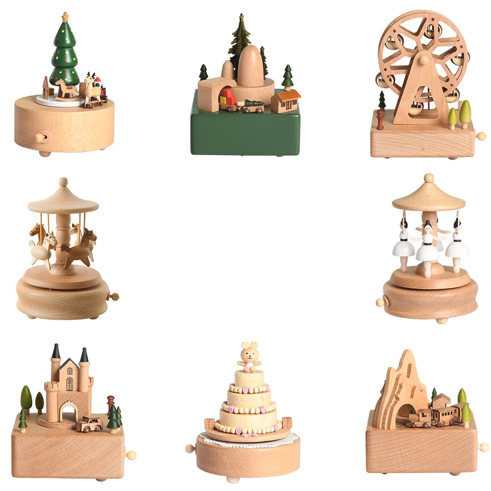 Factory Wholesale Birthday Cake Ballerina Play Time Wooden Music Box with Magnetic Train