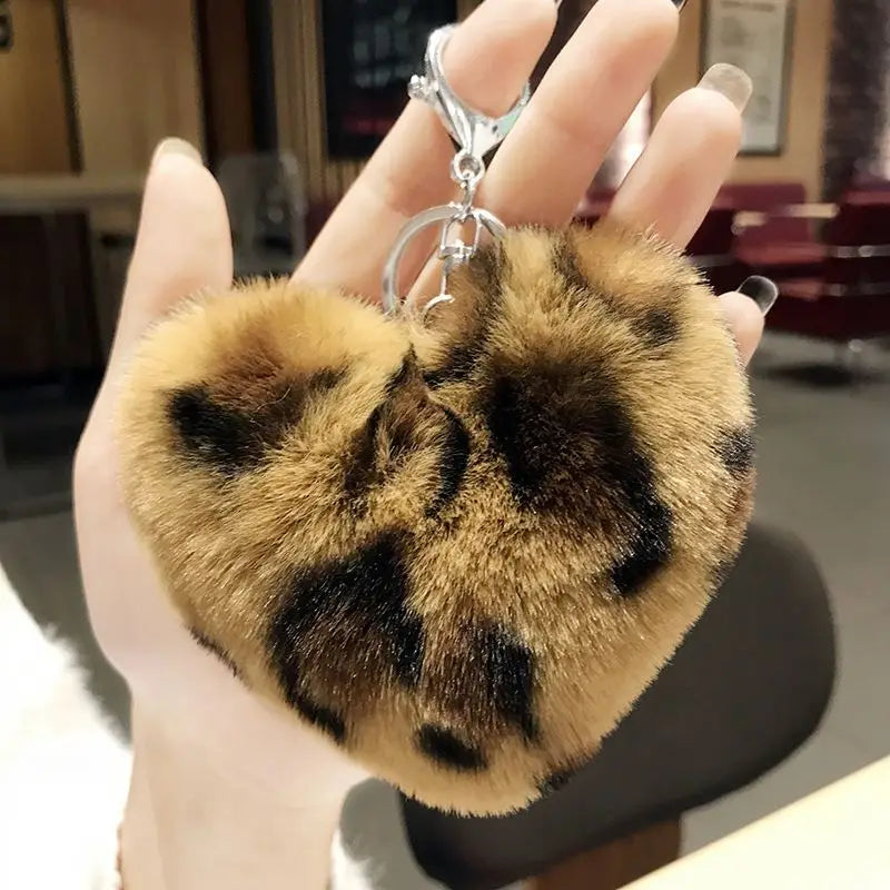 Leopard Pompom Key Chain Cute Heart Keychain Fluffy Leopard Pattern Heart Shaped Pom Pom Plush Fluffy Furball Puff Ball Keychain