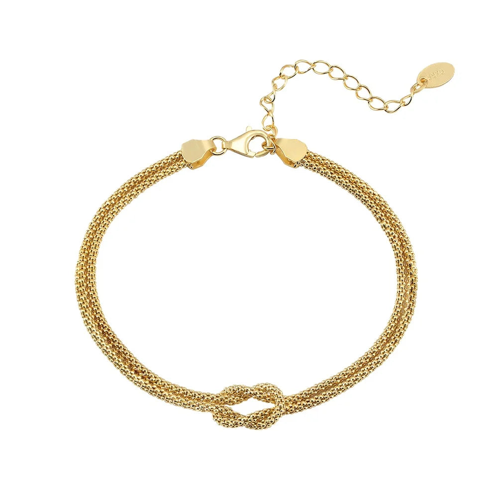 RINNTIN SB196 925 Sterling Silver Gold Plated Corn Chain Knot and Bar Bracelet Double Layer Chain Bracelet Jewelry for Women