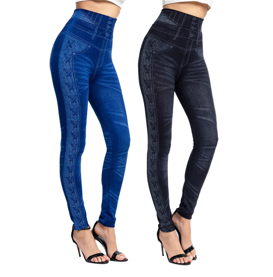 Women's Slim Jogging Leggings Denim Washed Push-Up Seamless Stretch Yoga Elastic Waist Long Pencil Pants