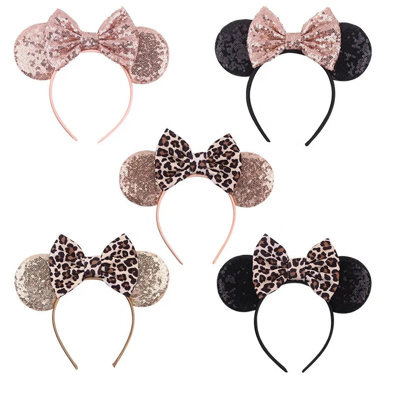 Children Hot Sale Cartoon Embroidery Effect Leopard Print Mixed Colors Two Sides Sequins Cute Ears With Bows Party Costume Ball