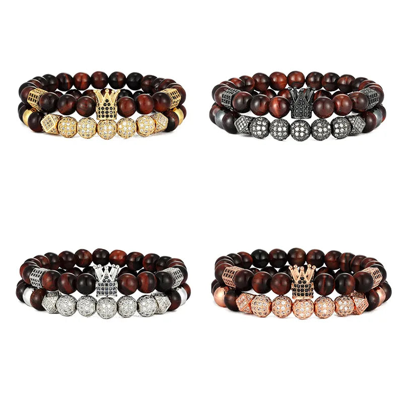 Gold Plated Red Tiger Eye Woven Rope Crown CZ Bracelet Set Trendy Natural Stone Beaded Main Stone Zircon
