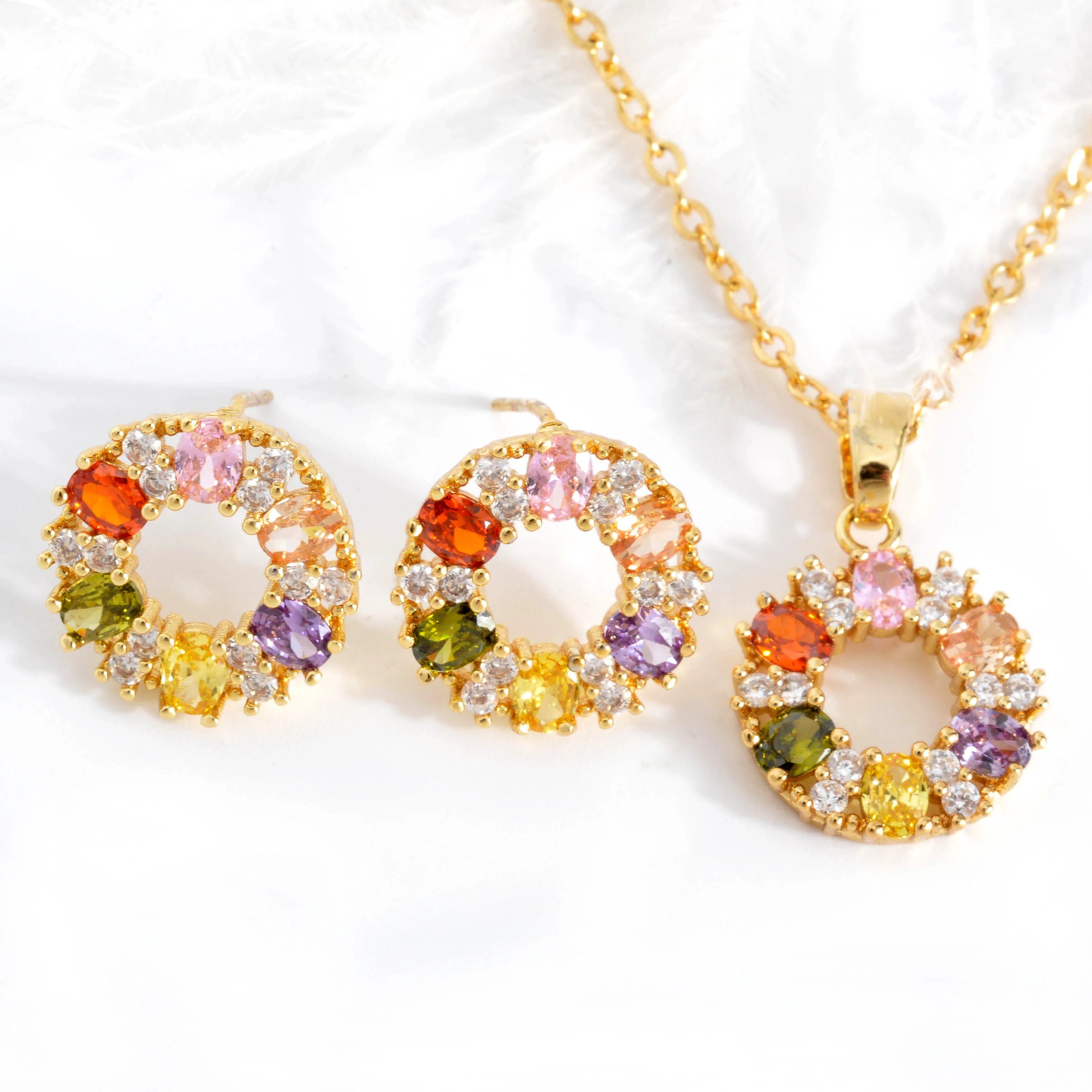18k Gold Plated Multi-Zircon Colours Flower  Earing and Necklace Set