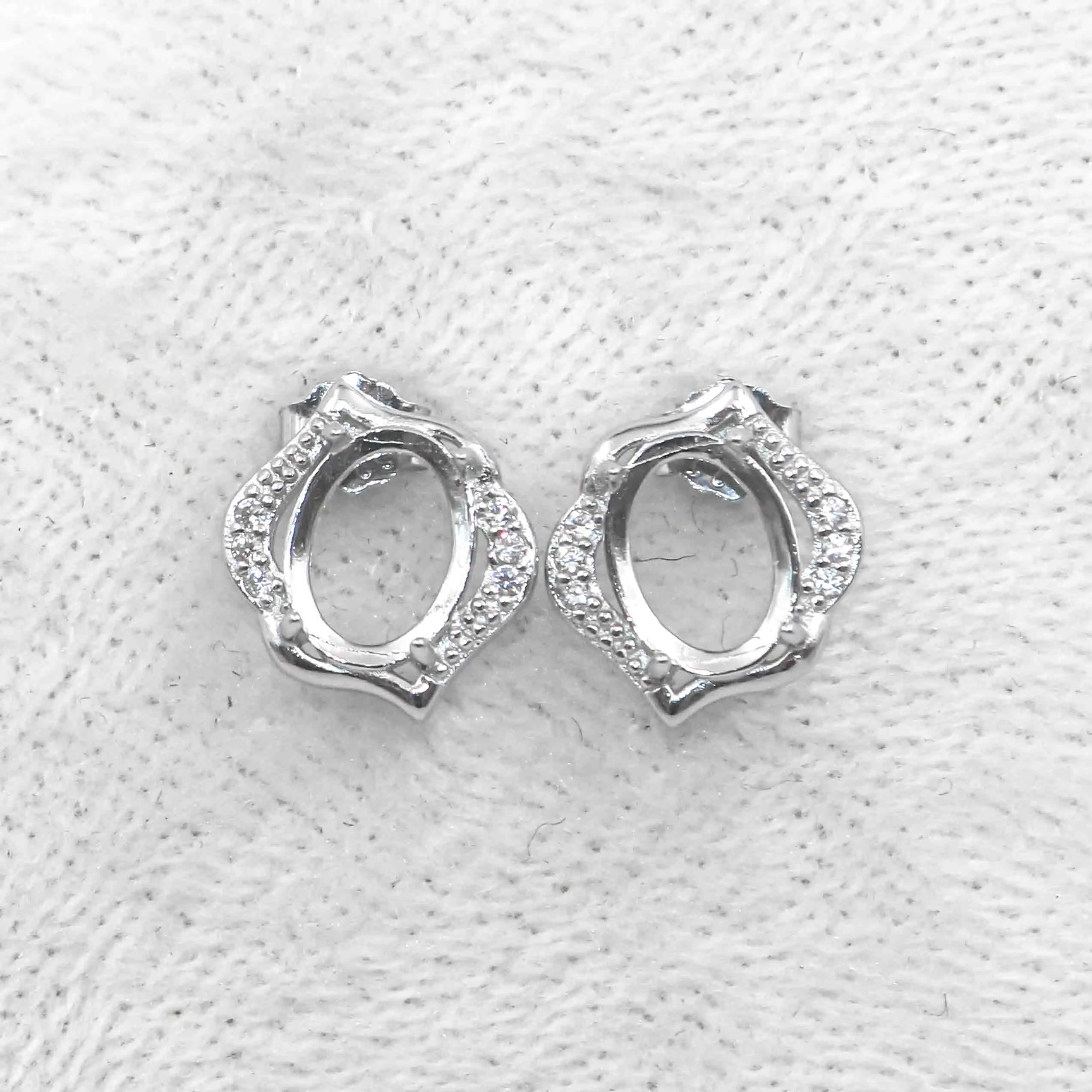 Sterling Silver 6*8mm Semi Mount Stud Earrings Empty Frame Support Blank Setting S925 Base Without Center Stone for DIY Inlay