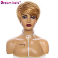 Dream.Ice's Dark Root Transparent Lace Brown Blonde Short Fluffy Pixie Cut Straight Synthetic Wig Soft Tangle-Free Black White