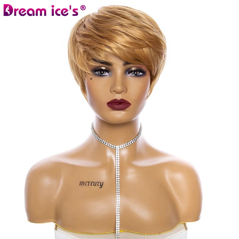 Dream.Ice's Dark Root Transparent Lace Brown Blonde Short Fluffy Pixie Cut Straight Synthetic Wig Soft Tangle-Free Black White