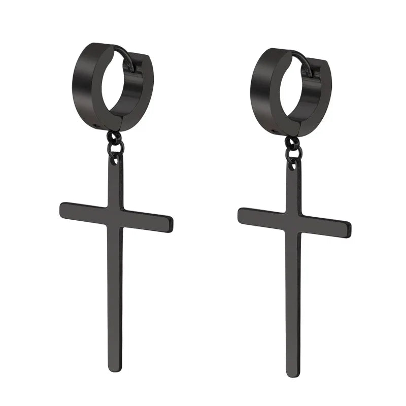 Stainless Steel Large Cross Dangle Huggie Hinged Hoop Earrings