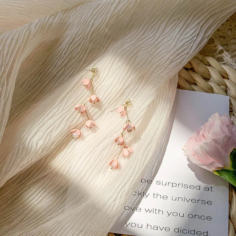 Pink Cherry Blossoms Flower Long Earring Tassel Threader Rhinestone Stud Earring Women Girl Non Piercing Dangle Earrings Jewelry
