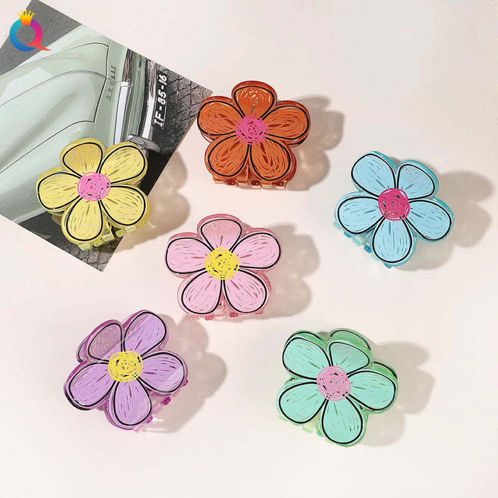QIYUE Hand-painted Graffiti Flower Hair Clip Acrylic Clip Back Head Plate Hair Catch Shark Clip Hair Accessories