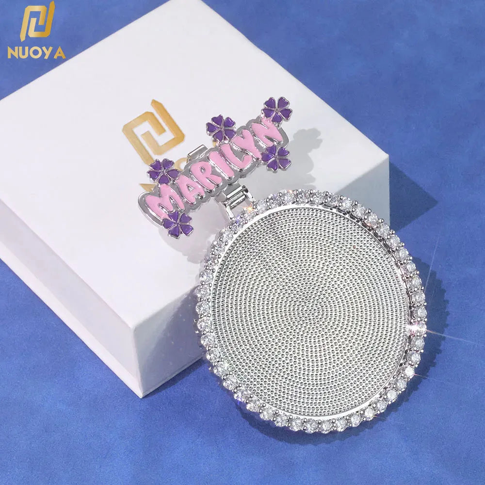 NUOYA Custom Name Photo Pendant Hip Hop Jewelry Iced Out Diamond Large Hook Pink Pendant  Silver Memorial Gift for Men Women