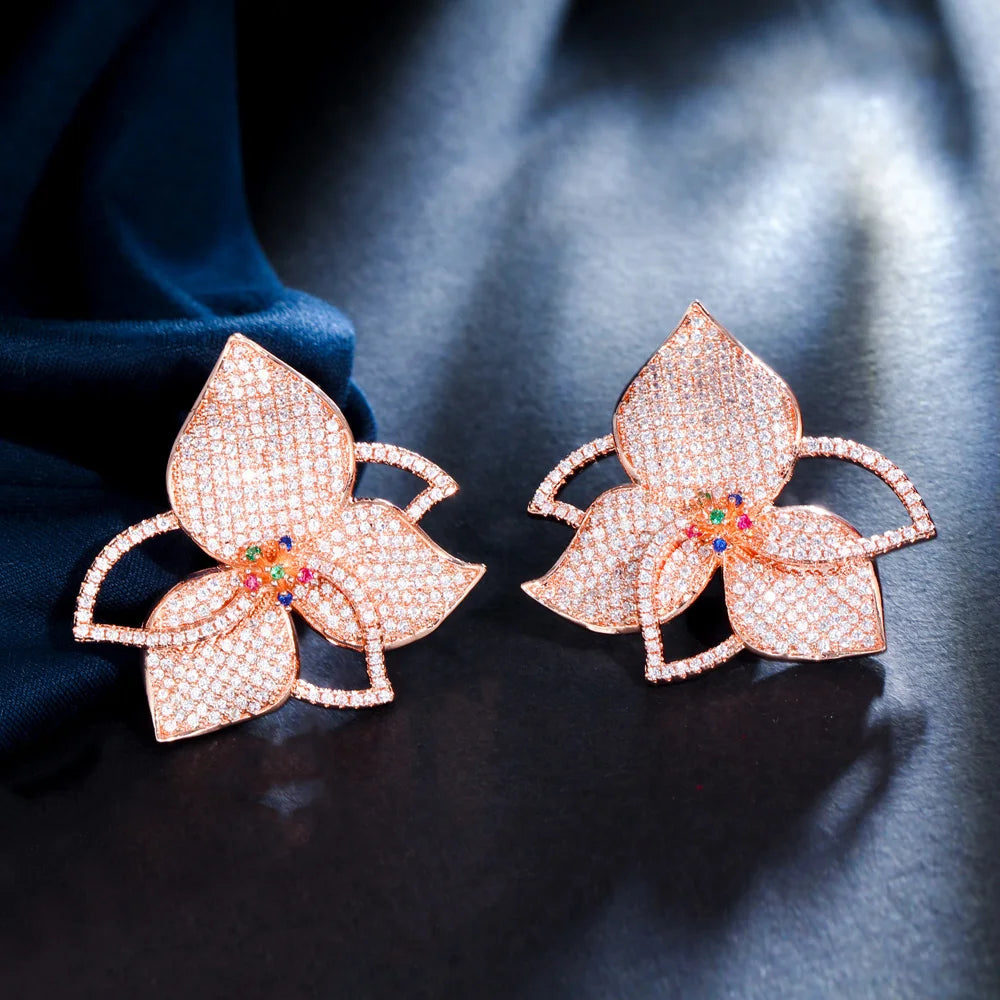 Two Tones Full Micro Pave Cubic Zirconia Stones Geometric Big Luxury CZ Flower Drop Earrings for Women Fashion Jewelry