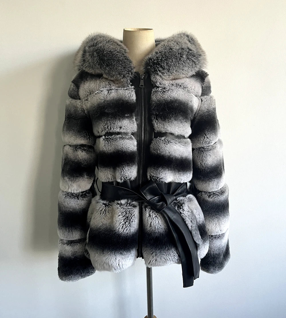 QC24000- New Arrival Rex Rabbit Fur Hooded Jacket