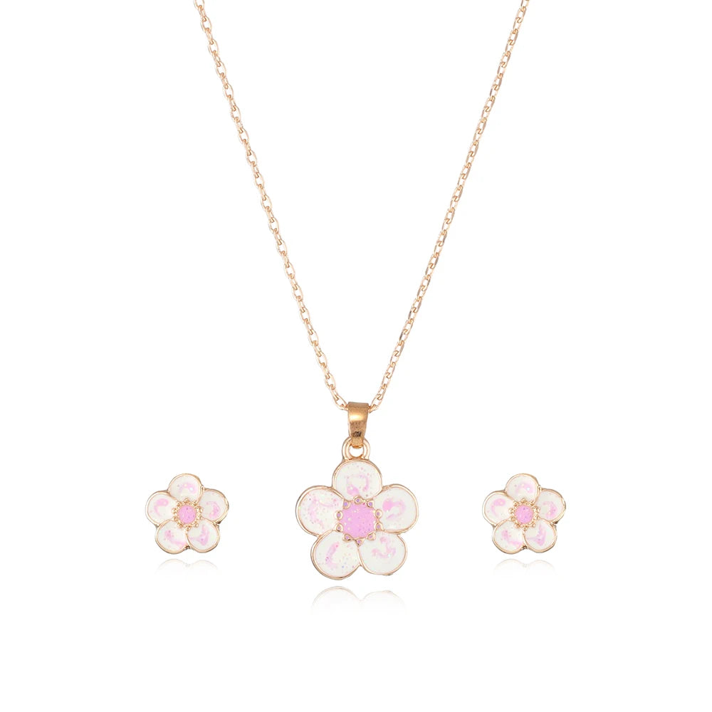 Fashion Zinc Alloy Colorful Flower Earring Necklace Jewelry Set Girls' Jewelry