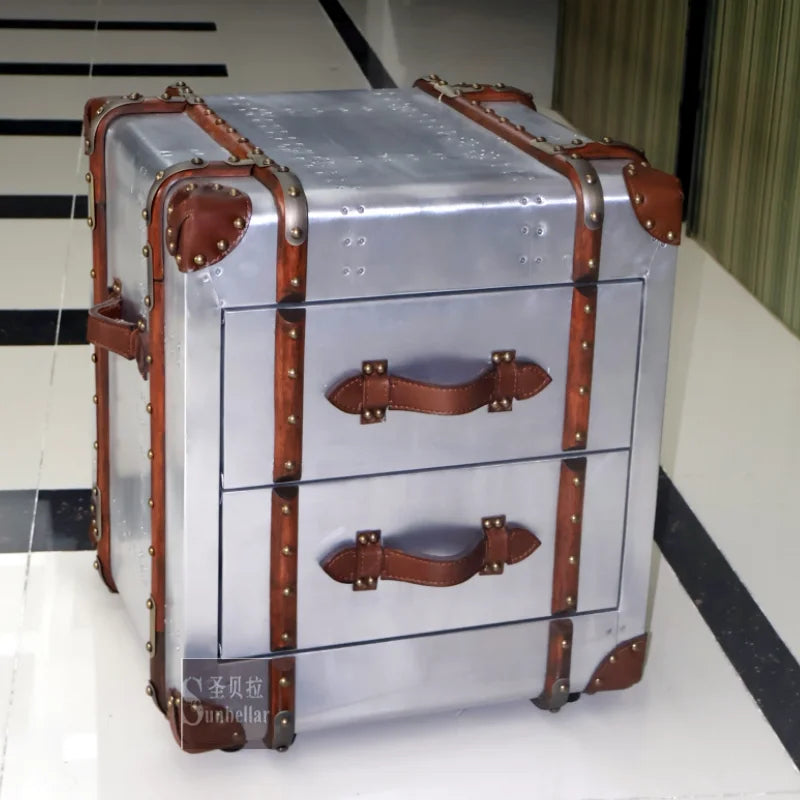 Aluminum Industrial Vintage Extendable Convertible Trunk Steamer Side Table End Table Storage Travel Cabinet Home Furniture