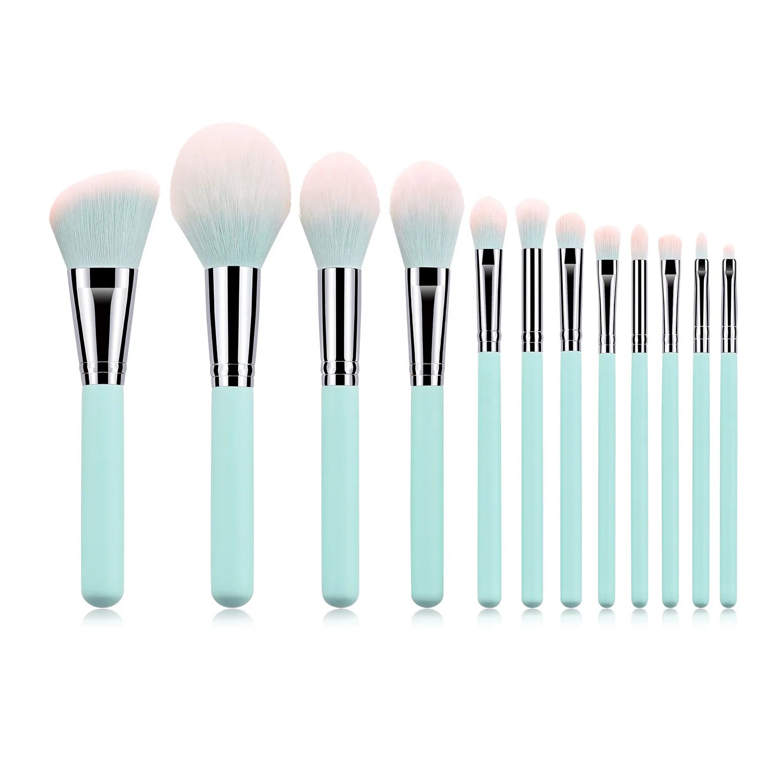 Custom Logo Private Label 12-Piece Makeup Brush Set Light Blue Synthetic Hair Soft Smudge Fan Brush Concealer Face Plastic