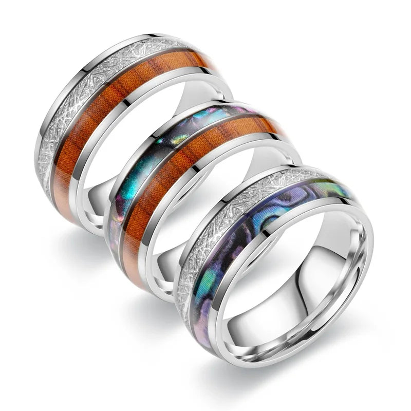 Unique Fashion Titanium Steel Ring 8MM Stainless Steel Enamel Wood Grain Finger Ring for Men Jewelry Wholesale