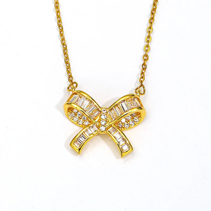 2023 New Exquisite Shiny Cubic Zircon Oxide Bow Shape Necklace Stainless Steel Bow Pendant Necklace for Women
