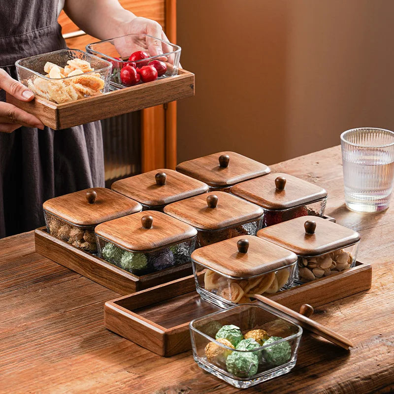 Walnut Creative Home Partition Dry Fruit Tray Plant Pattern Dessert Sugar Glass Bowl Fruit Plate Snack Tray for Serving