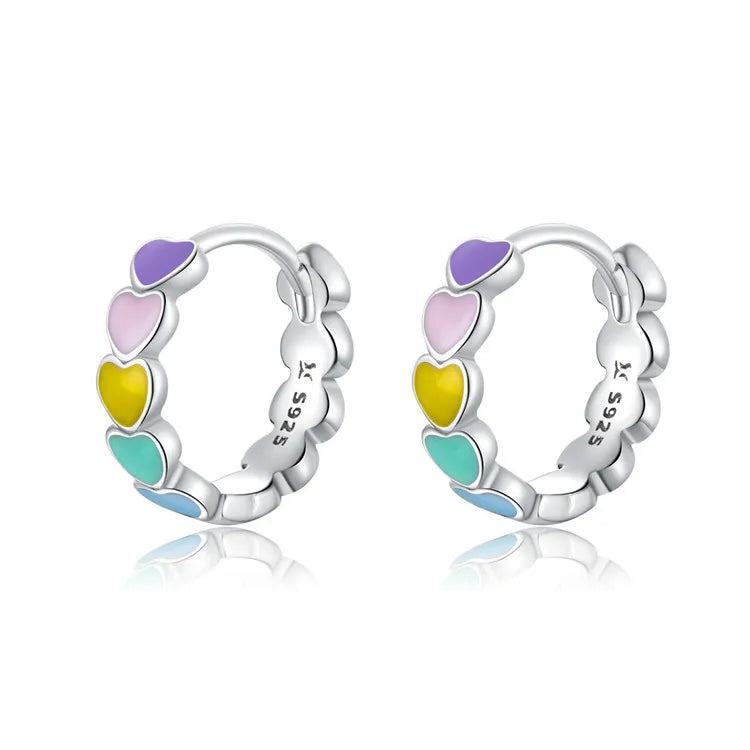 Valentine Gift Girls 925 Sterling Silver Rainbow Enamel Heart Hoop Earrings