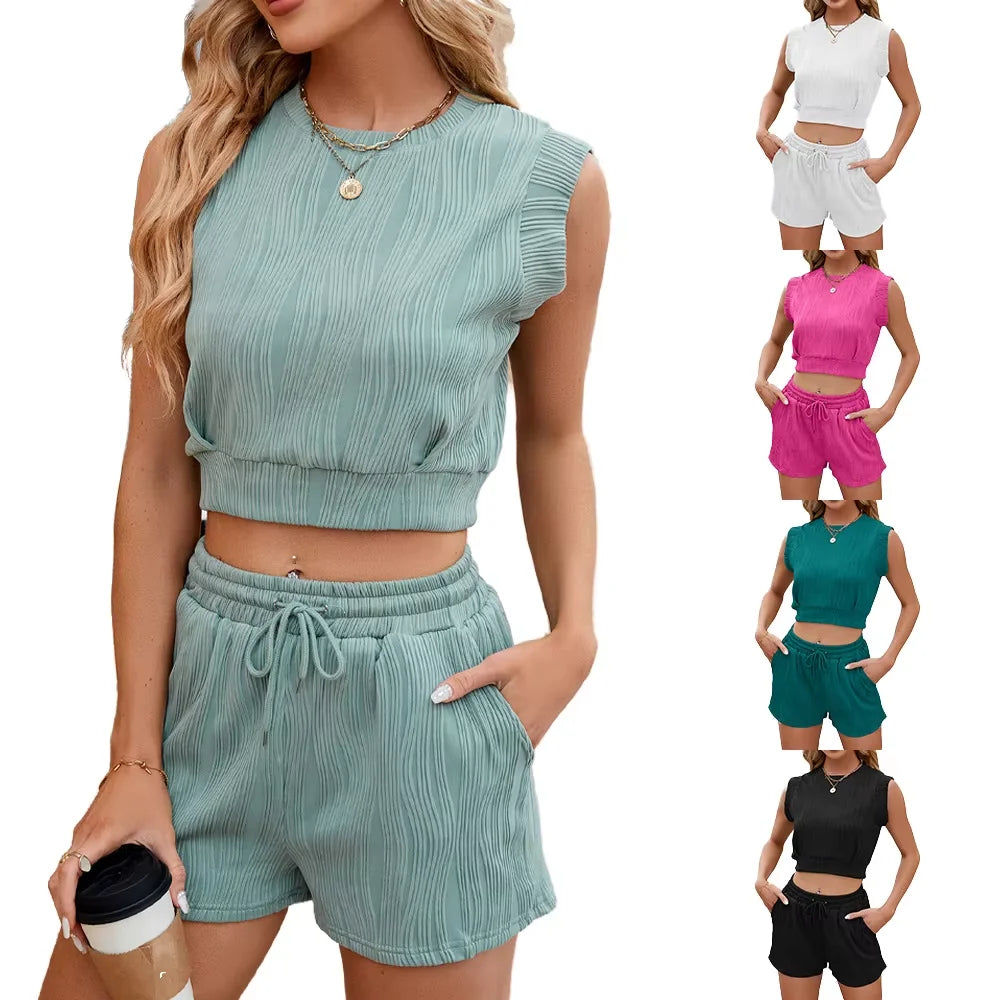 Green Dimple Set 2 Pieces for Women Summer Casual Fashion Suit New Set of 2 Pieces Round Neck Sleeveless Shorts Set