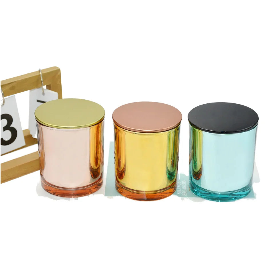 Luxury New Fashion 8oz 10oz Round Glass Candle Jar with Lid Electroplated Gold Home Use Jars Vessel Container