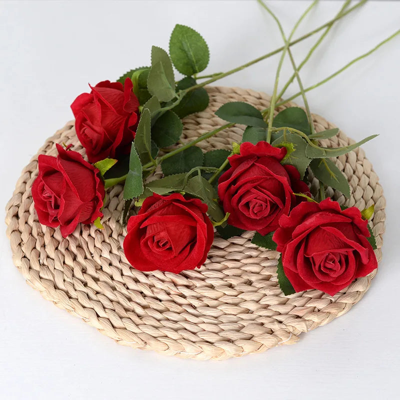 Real Touch Long Stem  Velvet Roses for Wedding Home Decoration