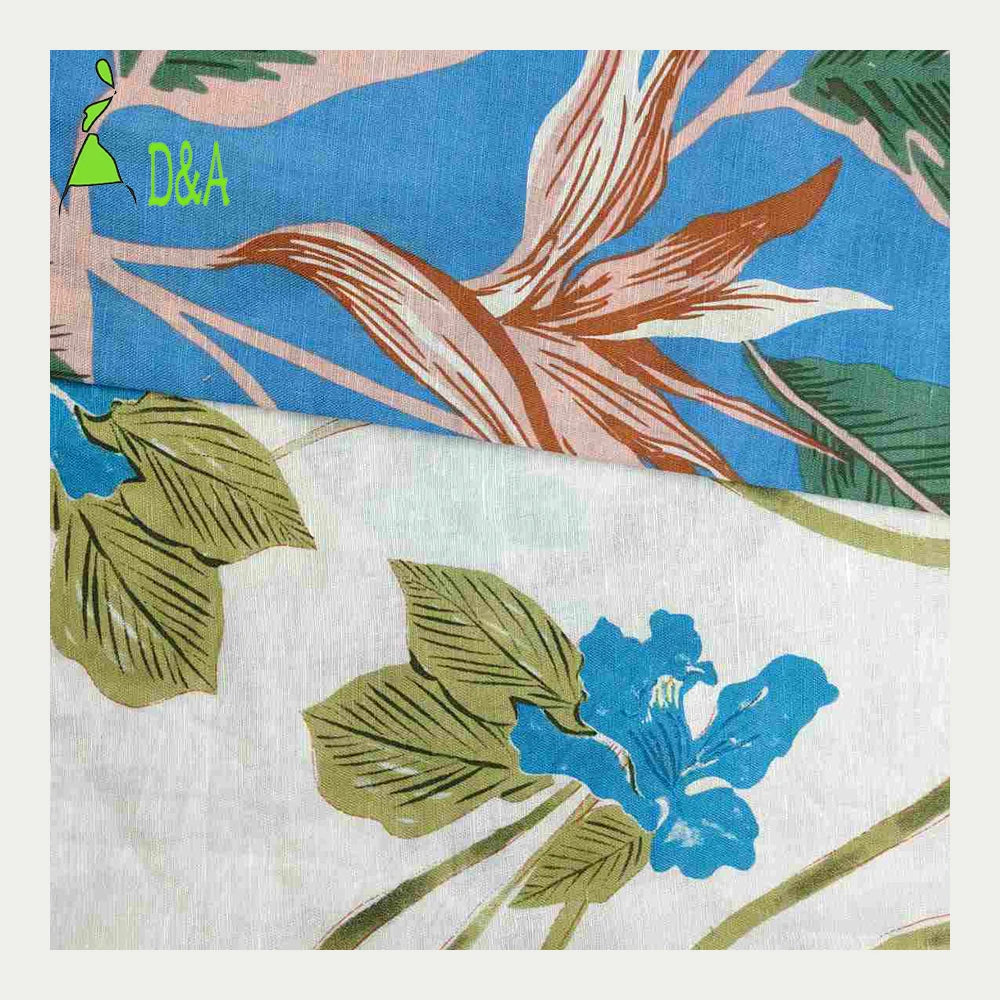 Wholesale Hot Sale Leaves and Flowers Pattern Printing 110gsm 55% Linen 45% Cotton Woven Blended Fabric for Clothing