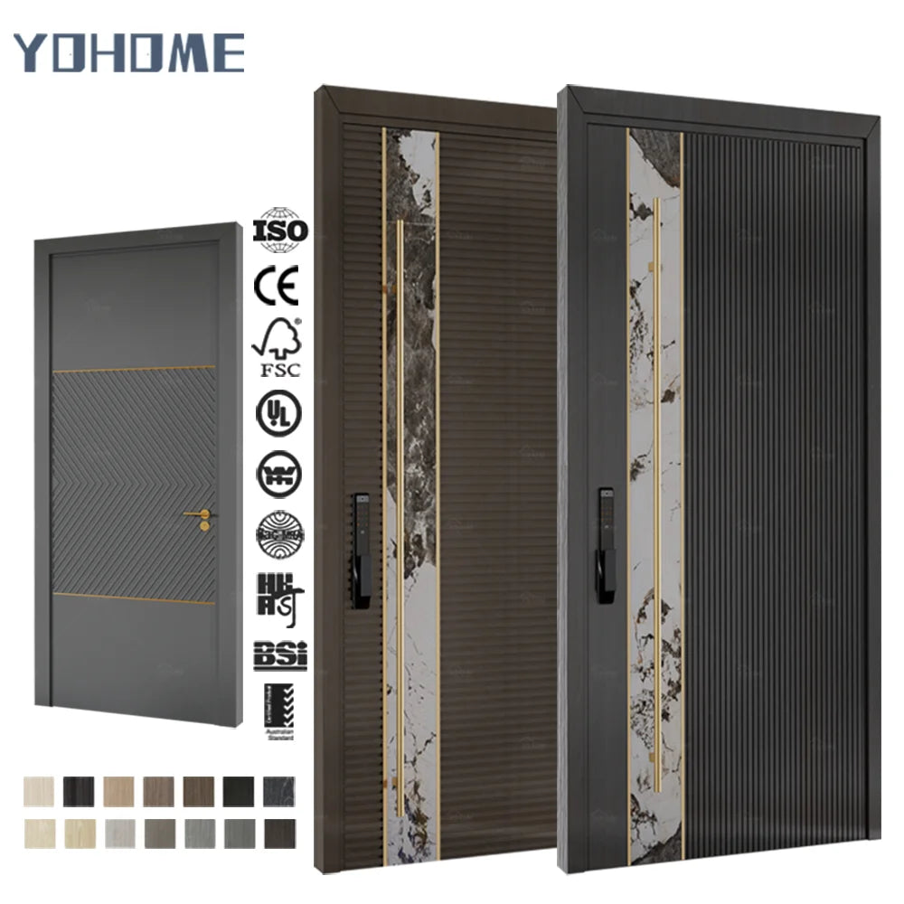 Factory Supply Luxurious Marble Panel Insert Solid Core Wooden Pivot Door Modern Wood Pivot Door Main Wooden Door Pivot