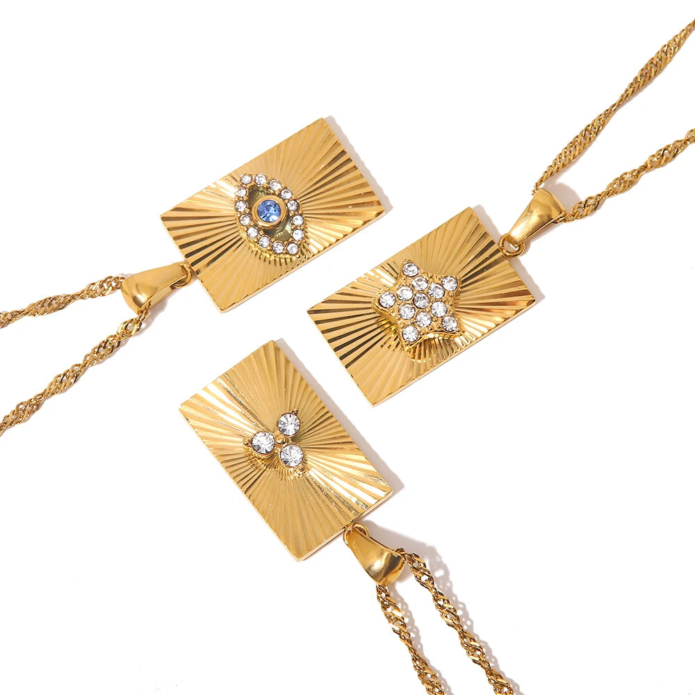 New Trend Stainless Steel Simple Star Blue Eye Zircon Paved Square Sunburst Pendant Necklace
